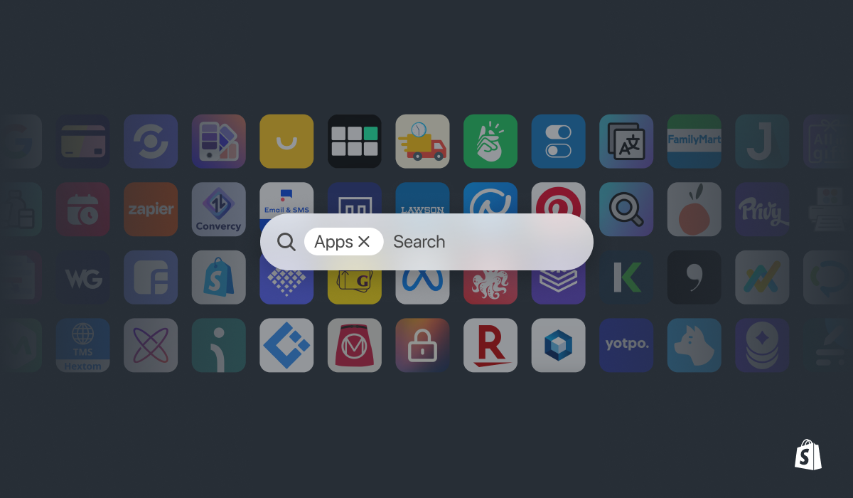 The Shopify App Store search bar hovers before hundreds of app logos